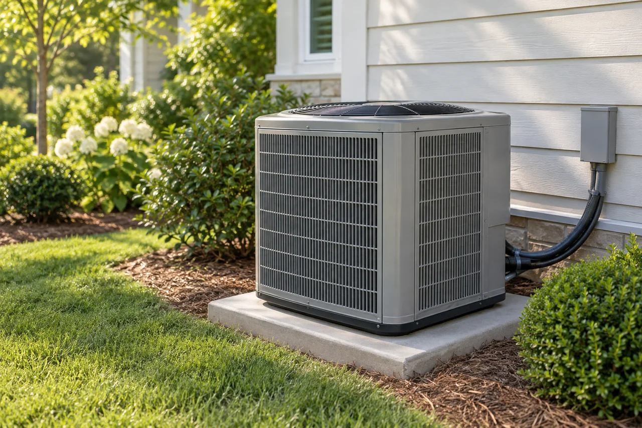 A clean residential outdoor heat pump beside a well-kept home.